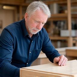 Per Gustafsson, produktionschef, granskar en trämöbel i verkstaden