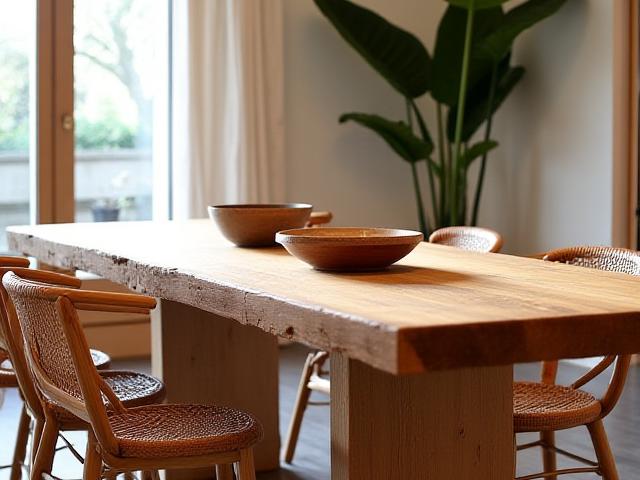 Rustikt matbord i återvunnet drivved, omgivet av naturrottingstolar, i ett ljust matrum
