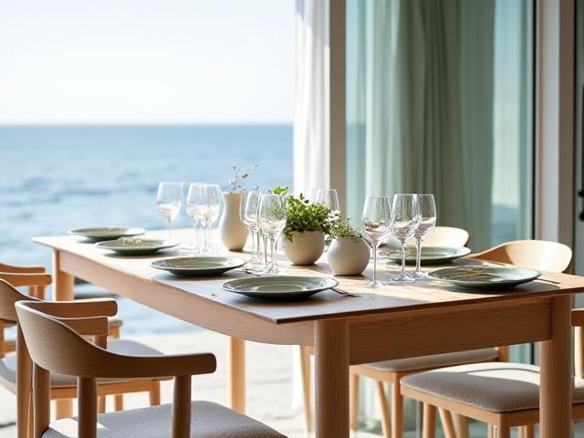 Stilrent matbord i ljusa trädslag för sex personer